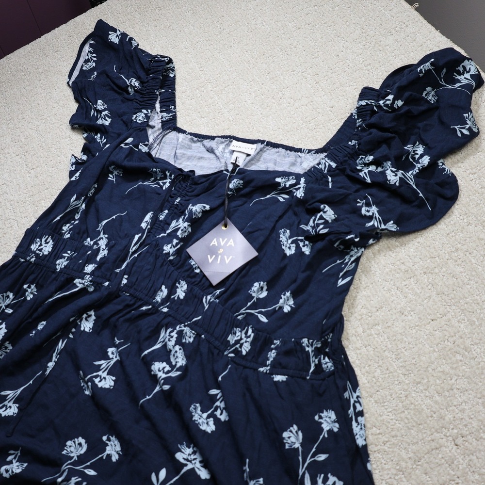 Ava & Viv Women 2X Navy Blue Floral Square Neck Flutter Sleeve Tiered Maxi Dress